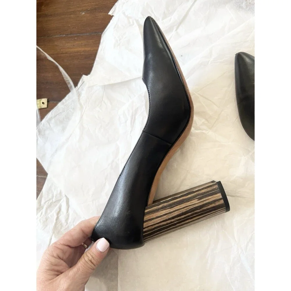 Pour La Victoire Shoes Size 10 Leather Pump Black Pointed Toe Wood Block Heels